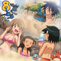 Rule 34 | 00s, 2boys, 2girls, :d, :o, ^ ^, ahoge, alternate breast size, ash ketchum, back, bad id, bikini, black hair, blue eyes, blue sky, blush, body blush, breasts, brown hair, cleavage, cliff, closed eyes, clothed female nude male, cloud, corphish, creatures (company), crossed arms, crystal, day, drooling, dutch angle, embarrassed, flashback, furry, furry with non-furry, game freak, gen 1 pokemon, gen 3 pokemon, gen 4 pokemon, hair between eyes, happy, holding, hug, hug from behind, interspecies, jumping, kid summers, kidd summers, large breasts, long hair, lowres, lucario, male swimwear, may (pokemon), mixed-sex bathing, mountain, multiple boys, multiple girls, nature, naughty face, navel, nintendo, no pupils, nude, onsen, open mouth, outdoors, partially submerged, pink bikini, pokemoa, pokemon, pokemon: lucario and the mystery of mew, pokemon (anime), pokemon (creature), pokemon rse (anime), pokephilia, red eyes, red male swimwear, red swim trunks, rock, saliva, seductive smile, shared bathing, short hair, short twintails, side-tie bikini bottom, sideboob, sir aaron, sir arlon, sitting, sitting on lap, sitting on person, sky, smile, spiked hair, sports bikini, squirtle, steam, surprised, swim trunks, swimsuit, tan, tankini, topless male, tree, twintails, wading, water, wavy hair, wet