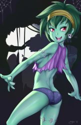 Rule 34 | 1girl, :d, ass, bare shoulders, breasts, colored skin, earrings, eyelashes, graveyard, green hair, green skin, hairband, half-closed eyes, highres, its just suppi, jewelry, looking back, night, no bra, open mouth, outstretched arms, red eyes, rottytops, shantae (series), short hair, sideboob, silk, skull earrings, smile, solo, spider web, spider web print, spread arms, stitches, tank top, teeth, tree, video game, wayforward, zombie