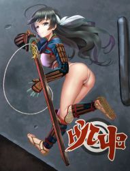 Rule 34 | 10s, 1girl, abazu-red, ahoge, armor, ass, black eyes, black hair, boots, closed mouth, commentary request, from behind, full body, fundoshi, gauntlets, girls und panzer, headband, holding, holding weapon, isuzu hana, japanese armor, japanese clothes, light smile, long hair, looking at viewer, looking back, no pants, sandals, solo, standing, sword, thigh boots, thighhighs, translation request, weapon, white headband