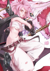 Rule 34 | 1girl, absurdres, alchemy stars, bandages, bandeau, bare arms, bare shoulders, belt, black footwear, black gloves, breasts, brown belt, chest sarashi, commentary request, dragon, eastern dragon, esoul, gloves, highres, hiiro (alchemy stars), holding, holding sword, holding weapon, katana, looking at viewer, medium breasts, midriff, navel, open mouth, pants, pink hair, sarashi, sheath, shoes, short hair, solo, stomach, strapless, sword, tube top, unsheathing, weapon, white background, white pants