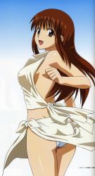 Rule 34 | 00s, 1girl, absurdres, ass, back, bandai, bare legs, breasts, brown eyes, brown hair, doi shizuha, female focus, gradient background, highres, long hair, looking at viewer, looking back, open mouth, panties, scan, shiny skin, solo, stratos 4, underwear, yamauchi noriyasu