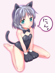 Rule 34 | 1girl, alternate costume, animal ears, animal hands, aqua eyes, bad id, bad pixiv id, barefoot, cat ears, cat paws, cat tail, fudama, grey hair, nyan, sanya v. litvyak, sitting, solo, strike witches, tail, wariza, world witches series