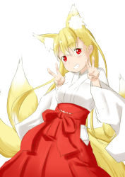 Rule 34 | 1girl, animal ears, blonde hair, double v, eyebrows, fox ears, fox tail, grin, hakama, hakama skirt, head tilt, highres, japanese clothes, long hair, looking at viewer, miko, multiple tails, niwatazumi, original, red eyes, red hakama, simple background, sketch, skirt, smile, solo, tail, v, white background, wide sleeves