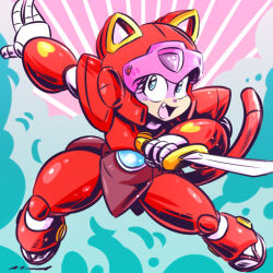 Rule 34 | 1girl, animal ears, armor, blue eyes, cat ears, cat girl, cat tail, furry, furry female, helmet, jd benefield, kyatto ninden teyandee, looking at viewer, open mouth, pururun (kyatto ninden teyandee), red armor, smile, solo, sword, tail, weapon