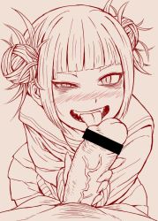 Rule 34 | 10s, 1boy, 1girl, 4shi, artist request, bad id, bad twitter id, bags under eyes, bar censor, blunt bangs, blush, boku no hero academia, censored, double bun, fangs, fellatio, fingernails, hair bun, half-closed eye, hetero, licking, long sleeves, looking at viewer, monochrome, oral, penis, pink background, pleated skirt, pov, pov crotch, red theme, sharp fingernails, short hair, simple background, skirt, slit pupils, smile, solo focus, source request, sweater, toga himiko, tongue, tongue out, uneven eyes, veins, veiny penis