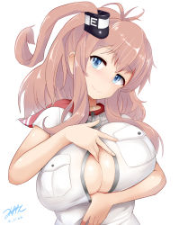 Rule 34 | 10s, 1girl, anchor, blue eyes, blush, breast pocket, breasts, brown hair, cleavage, highres, huge breasts, impossible clothes, kantai collection, long hair, looking at viewer, mizuyan, neckerchief, open clothes, open shirt, paizuri invitation, pocket, ponytail, red neckerchief, saratoga (kancolle), shirt, side ponytail, sidelocks, smile, solo, white background