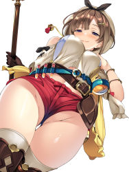 Rule 34 | 1girl, atelier (series), atelier ryza, atelier ryza 1, bare shoulders, belt, blue belt, blush, boots, breasts, brown belt, brown footwear, brown gloves, brown hair, camisole, cowboy shot, drawstring, flask, from below, gloves, groin, hair ornament, hairclip, half-closed eyes, highres, holding, holding staff, hood, jacket, large breasts, leather, leather belt, leather gloves, legs together, looking at viewer, medium breasts, multiple views, open clothes, open jacket, pouch, purple eyes, red shorts, reisalin stout, round-bottom flask, short hair, short shorts, shorts, single glove, sleeveless, sleeveless jacket, smile, staff, thigh boots, thigh pouch, thighhighs, thighs, torisan, vial, white headwear, white thighhighs, yellow jacket
