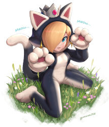 Rule 34 | 1girl, animal costume, animal ears, blonde hair, blue eyes, breasts, cat costume, cat ears, cat rosalina, crown, earrings, english text, from above, full body, gonzarez, grass, hair over one eye, highres, jewelry, kneeling, mario (series), medium breasts, nintendo, paw pose, rosalina, signature, solo, sound effects, super mario 3d world