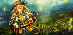 Rule 34 | 1girl, blonde hair, blush, bow, cowboy shot, dutch angle, field, flamethrower, flower, flower field, grass, hat, highres, lm7 (op-center), long hair, long sleeves, looking at viewer, mountain, original, radiation symbol, ribbon, skirt, smile, solo, standing, tareme, weapon, wind, yellow eyes