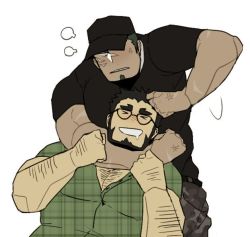 Rule 34 | &gt; &lt;, 2boys, anger vein, arm hair, bad id, bad twitter id, bara, baseball cap, beard, black hair, blush, breath, chest hair, drooling, facial hair, fighting, flat color, glasses, grabbing another&#039;s hair, green shirt, hairy, hat, large pectorals, male focus, mature male, mouth drool, multiple boys, muscular, muscular male, nose blush, original, pectoral cleavage, pectorals, saturday (hokawazu), shirt, short hair, sideburns, thick eyebrows, tight clothes, tight shirt, upper body, white background, yaoi