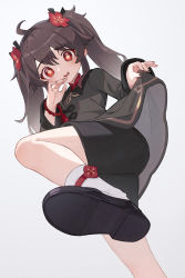 Rule 34 | 1girl, absurdres, ahoge, bead bracelet, beads, black dress, black shorts, blush, bracelet, brown hair, clothes lift, dress, flower, genshin impact, hair flower, hair ornament, highres, hu tao (genshin impact), jewelry, leg up, lifted by self, long sleeves, looking at viewer, luelue zi, open mouth, red eyes, shoe soles, shoes, shorts, simple background, skirt, skirt lift, smile, solo, symbol-shaped pupils, twintails, white background
