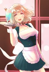 Rule 34 | 1girl, :d, alternate costume, apron, breasts, brown background, brown hair, cleavage, commentary request, danganronpa (series), danganronpa 2: goodbye despair, dress, enmaided, food, glass, gradient background, green dress, grey background, hair ornament, holding, holding tray, ice cream, large breasts, looking at viewer, maid, maid headdress, medium hair, nanami chiaki, open mouth, pink eyes, puffy short sleeves, puffy sleeves, riou (pooh920), short dress, short sleeves, smile, solo, teeth, tray, upper teeth only, waist apron, wrist cuffs