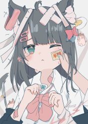 Rule 34 | 1girl, :&lt;, absurdres, animal ears, bandages, bandaid, bandaid on head, black hair, blush, bow, bowtie, cat, cat ears, collared shirt, crossed bandaids, hair ornament, hairclip, highres, one eye closed, oreoreoreo, original, pink bow, red bow, shirt, tail, tearing up, tears, upper body, white shirt
