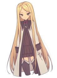 Rule 34 | 1girl, black thighhighs, blonde hair, closed mouth, commentary, cropped legs, dot nose, dress, dutch angle, everyntrge, garter straps, gloves, green eyes, light blush, light smile, long sleeves, looking at viewer, original, paid reward available, sidelocks, simple background, solo, tagme, thighhighs, tsurime, white background, white gloves
