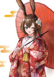 Rule 34 | 1girl, ;d, absurdres, amiya (arknights), animal ears, arknights, blue eyes, brown hair, commentary request, egasumi, floral print, garvini, hair between eyes, highres, holding, holding umbrella, japanese clothes, jewelry, kimono, long hair, looking at viewer, oil-paper umbrella, one eye closed, open mouth, ponytail, print kimono, rabbit ears, red kimono, red umbrella, ring, simple background, smile, solo, umbrella, very long hair, white background