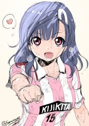 Rule 34 | 1girl, artist name, blue hair, breath, clenched hand, clothes writing, fist bump, hair ornament, hairclip, heart, highres, inoue sora, long hair, looking at viewer, mai ball!, miyano mai, open mouth, pink eyes, short sleeves, signature, sketch, soccer uniform, solo, sportswear, striped, sweat, twitter username, upper body, vertical stripes