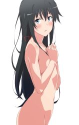 Rule 34 | 1girl, absurdres, black hair, blue eyes, blush, breasts, collarbone, completely nude, cowboy shot, from side, hair ribbon, highres, long hair, looking at viewer, looking to the side, nude, red ribbon, ribbon, shou937, sidelocks, simple background, small breasts, solo, standing, white background, yahari ore no seishun lovecome wa machigatteiru., yukinoshita yukino