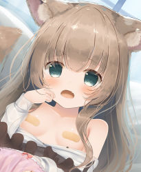 Rule 34 | 1girl, animal ear fluff, animal ears, aqua eyes, bandaid, bandaids on nipples, bare shoulders, blush, bow, bow panties, breasts, breasts out, collarbone, dress, fangs, female masturbation, frilled skirt, frills, hair over shoulder, hand in panties, hand on own cheek, hand on own face, lace, lace-trimmed panties, lace trim, light brown hair, long hair, long sleeves, looking at viewer, masturbation, off shoulder, open mouth, original, panties, pasties, pink panties, psyche3313, skin fangs, skirt, small breasts, solo, underwear