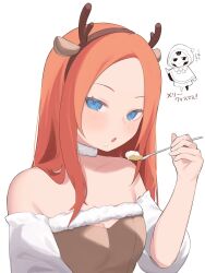 Rule 34 | 2girls, :o, android, animal ears, apex legends, ash (titanfall 2), ashleigh reid, bare shoulders, blue eyes, breasts, brown dress, capelet, choker, cleavage, collarbone, deer ears, dress, fake animal ears, fake antlers, food, food on face, highres, hood, hood up, hooded capelet, looking at viewer, medium breasts, merry christmas, multiple girls, nagoooon 114, off-shoulder dress, off shoulder, open mouth, portrait, simulacrum (titanfall), solo focus, translation request, white choker