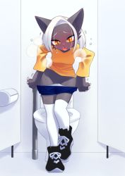 Rule 34 | 1girl, animal ears, animal hands, animal nose, bathroom, black footwear, black fur, blue shorts, blush, body fur, breasts, breath, cat ears, cat girl, claws, clothes pull, embarrassed, fangs, female focus, forehead, furry, furry female, groin, have to pee, indoors, industrial pipe, leaning forward, leg up, long sleeves, looking down, motion lines, nose blush, open mouth, orange eyes, original, panties, panty pull, pulled by self, shirt, shoes, short hair, shorts, shorts pull, sidelocks, small breasts, solo, standing, standing on one leg, sweat, tears, thighhighs, toilet, toilet stall, underwear, uno usaya, white hair, white panties, white thighhighs, yellow shirt