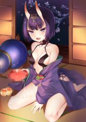 Rule 34 | 1girl, barefoot, between legs, blunt bangs, breasts, cleavage, cup, fate/grand order, fate (series), hair between eyes, hand between legs, holding, horns, indoors, isinose (ilxodidli), japanese clothes, kimono, kneeling, looking at viewer, open clothes, open kimono, open mouth, purple eyes, purple hair, purple kimono, sakazuki, saliva, saliva trail, short hair, shuten douji (fate), shuten douji (first ascension) (fate), sideboob, small breasts, solo