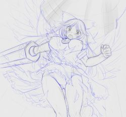 Rule 34 | 1girl, arm cannon, bow, breasts, female focus, hair bow, kasuga yukihito, large breasts, long hair, monochrome, nipples, open mouth, panties, reiuji utsuho, sketch, skirt, solo, third eye, torn clothes, torn skirt, touhou, traditional media, underwear, wardrobe malfunction, weapon, wings