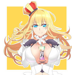 Rule 34 | 1girl, between breasts, black gloves, blonde hair, blue eyes, breasts, chess piece, crown, earrings, eyes visible through hair, frills, gloves, hands on own chest, highres, jewelry, large breasts, lion (warship girls r), long hair, looking at viewer, lulu heika, single earring, smile, solo, spray can, upper body, warship girls r