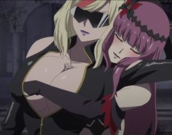 Rule 34 | 10s, 2girls, blonde hair, blush, breasts, cleavage, closed eyes, cross, grabbing, grabbing another&#039;s breast, hasami rein, jewelry, kaneko hiraku, lady j, large breasts, multiple girls, necklace, purple hair, screencap, standing, stitched, third-party edit, valkyrie drive, valkyrie drive -mermaid-, yuri