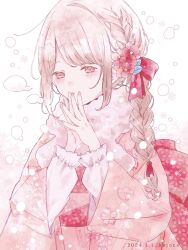 Rule 34 | 1girl, artist name, blush, bow, braid, brown eyes, dated, floral print, flower, frilled sleeves, frills, hair flower, hair ornament, hair ribbon, hands up, highres, japanese clothes, kimono, kotono n0, light brown hair, long hair, long sleeves, looking at viewer, obi, original, own hands together, pink kimono, print kimono, red ribbon, ribbon, sash, scarf, sidelocks, single braid, snowflakes, solo, upper body, white background, wide sleeves