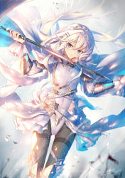 Rule 34 | 1girl, armor, armored boots, belt, black pantyhose, blue eyes, boots, braid, cape, covered navel, flower, french braid, gauntlets, gradient background, hair ornament, hairclip, heiwari kanade, highres, holding, holding weapon, long hair, looking at viewer, million arthur (series), original, pantyhose, petals, revision, smile, solo, sword, thighband pantyhose, weapon, white hair