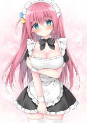 Rule 34 | 1girl, absurdres, apron, black bow, black dress, blue eyes, blush, bocchi the rock!, bow, breasts, cleavage, closed mouth, collar, collarbone, commentary request, cube hair ornament, detached collar, dress, frilled apron, frilled dress, frills, gotoh hitori, hair between eyes, hair ornament, head tilt, highres, korie riko, large breasts, long hair, maid, maid apron, maid headdress, one side up, pink background, pink hair, puffy short sleeves, puffy sleeves, short sleeves, solo, sweat, very long hair, white apron, white collar