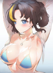 Rule 34 | 1girl, absurdres, armpits, arms up, bikini, black hair, blackhound (last origin), blonde hair, blue bikini, blue eyes, blush, breasts, cleavage, collarbone, hair rings, heart, heart-shaped pupils, highres, jewelry, last origin, looking at viewer, medium breasts, multicolored hair, necklace, rlrlrlfl1, shrug (clothing), simple background, skindentation, solo, streaked hair, swimsuit, symbol-shaped pupils, upper body, white background