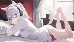 Rule 34 | 1girl, animal ear fluff, barefoot, blue eyes, bracelet, commentary, commission, copyright request, hair intakes, headphones, jewelry, kurage cc, long hair, no pants, pillow, ponytail, red-framed eyewear, shirt, short sleeves, skeb commission, solo, symbol-only commentary, t-shirt, white shirt