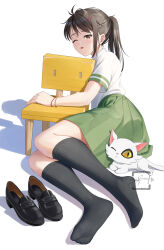 Rule 34 | 1girl, black hair, black socks, brown eyes, cat, chair, feet, highres, iwato suzume, light blush, loafers, long hair, looking at viewer, one eye closed, parted lips, ponytail, shoes, unworn shoes, socks, soles, suzume no tojimari