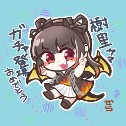 Rule 34 | 1girl, :d, bad id, bad tumblr id, black hair, black hairband, black ribbon, blue background, blush, boots, brown footwear, chain, chibi, colored tips, double v, dragon wings, fake wings, fang, flame print, full body, gera-magia, hair ribbon, hairband, highres, jacket, long hair, magia record: mahou shoujo madoka magica gaiden, magical girl, mahou shoujo madoka magica, miniskirt, multicolored hair, no sclera, ooba juri, open mouth, orange hair, outline, pleated skirt, print jacket, red eyes, ribbon, signature, simple background, skin fang, skirt, sleeveless, sleeveless jacket, smile, solo, two-tone hair, v, white outline, white skirt, wings