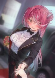 Rule 34 | 1girl, absurdres, black bow, black bowtie, black jacket, black pants, blush, bouquet, bow, bowtie, breasts, car, collared shirt, fang, flower, hair bun, hair over one eye, heterochromia, highres, holding, holding bouquet, holding hands, hololive, houshou marine, jacket, koubou (cowbow kun), large breasts, long hair, long sleeves, looking at viewer, motor vehicle, multicolored hair, open clothes, open jacket, pants, parted lips, pov, pov hands, red eyes, red flower, red hair, shirt, single side bun, smile, standing, two-tone hair, very long hair, virtual youtuber, white hair, white shirt, yellow eyes, yellow flower