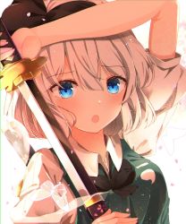 Rule 34 | 1girl, :o, arm up, black bow, black bowtie, black ribbon, blue eyes, blush, bob cut, bow, bowtie, butterfly net, cherry blossoms, commentary, drawing sword, film grain, green shirt, hair ribbon, hand net, highres, holding, holding sword, holding weapon, katana, konpaku youmu, light frown, light particles, looking at viewer, open mouth, petals, puffy short sleeves, puffy sleeves, ribbon, scabbard, shangurira, sheath, shirt, short hair, short sleeves, silver hair, solo, sword, touhou, weapon, wing collar