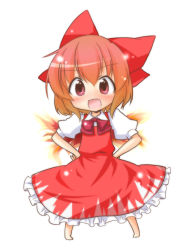 Rule 34 | 1girl, achi cirno, alternate color, alternate element, alternate hair color, blush, bow, bowtie, chibi, cirno, dress, fang, fiery wings, fire, hair ribbon, hands on own hips, ice, looking at viewer, red dress, red eyes, red hair, ribbon, short hair, smile, solo, standing, tobi (artist), tobi (nekomata homara), touhou, wings