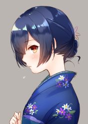 Rule 34 | 1girl, blue hair, blue kimono, blush, commentary, floral print, flower, from side, hair flower, hair ornament, hatomugi (mugicha), highres, idolmaster, idolmaster shiny colors, japanese clothes, kimono, looking at viewer, morino rinze, open mouth, orange eyes, short hair, sweatdrop
