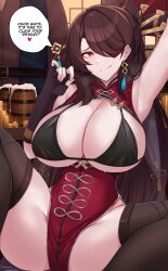 Rule 34 | 1girl, :q, absurdres, armpits, beidou (genshin impact), bikini, black bikini, black gloves, black hair, blush, breasts, brown hair, china dress, chinese clothes, cleavage, colored eyepatch, commentary, dress, earrings, english commentary, english text, eyepatch, fingerless gloves, genshin impact, gloves, hair ornament, hair over one eye, hair stick, hairpin, highres, huge breasts, jewelry, kanta (kanta 077), long hair, looking at viewer, one eye covered, pelvic curtain, red eyes, smile, solo, sweat, swimsuit, tassel, tassel earrings, tassel hair ornament, thick thighs, thighhighs, thighs, tongue, tongue out