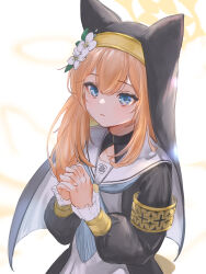 Rule 34 | 1girl, blue archive, blue eyes, blush, flower, halo, highres, long hair, long sleeves, mari (blue archive), marulire, nun, orange hair, own hands together, sailor collar, solo, white flower, white sailor collar, yellow halo