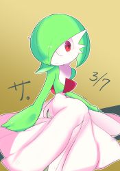 Rule 34 | 1girl, artist name, blush, bob cut, brown background, closed mouth, colored skin, creatures (company), dated, female focus, flat chest, full body, game freak, gardevoir, gardevoir day, gen 3 pokemon, gradient background, green hair, green skin, hair over one eye, highres, japanese text, komhey, legs together, light blush, looking to the side, multicolored skin, nintendo, outline, pokemon, pokemon (creature), red eyes, short hair, signature, simple background, sitting, solo, translated, two-tone skin, white outline, white skin, yokozuwari