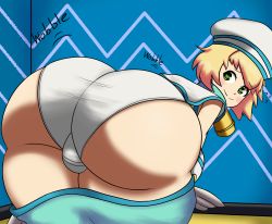 Rule 34 | 1boy, ass, bell, blazblue, blonde hair, blush, bulge, clothes pull, embarrassed, from behind, green eyes, hat, highres, huge ass, imstupid13, leaning, leaning forward, looking at viewer, looking back, open mouth, panties, platinum the trinity, sena (blazblue), shiny skin, short hair, shorts, shorts pull, smile, solo, thick thighs, thighs, trap, underwear