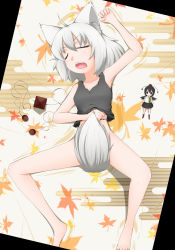 Rule 34 | 1girl, ahoge, animal ears, armpits, autumn leaves, bad id, bad pixiv id, barefoot, bottomless, censored, character doll, convenient censoring, covering privates, covering crotch, doll, closed eyes, female focus, hat, highres, hullzion, inubashiri momiji, leaf, maple leaf, no panties, open mouth, shameimaru aya, short hair, silver hair, sleeping, solo, spread legs, tail, tail censor, tank top, tokin hat, touhou, wolf ears, wolf tail