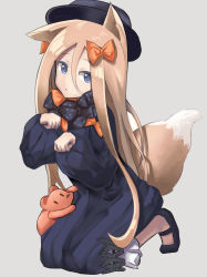 Rule 34 | 1girl, abigail williams (fate), animal ears, black bow, black dress, black footwear, black hat, bloomers, blue eyes, bow, bug, butterfly, closed mouth, commentary request, dog ears, dog girl, dog tail, dress, fate/grand order, fate (series), grey background, hair between eyes, hair bow, hat, highres, insect, kemonomimi mode, kirin (qewer1020), kneeling, light brown hair, long hair, long sleeves, looking at viewer, mary janes, orange bow, parted bangs, paw pose, polka dot, polka dot bow, shoes, simple background, solo, stuffed animal, stuffed toy, tail, teddy bear, underwear, very long hair, white bloomers