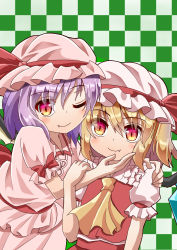 Rule 34 | 2girls, arm around back, arms up, ascot, blonde hair, blouse, checkered background, commentary request, eyes visible through hair, fang, fang out, flandre scarlet, frilled shirt collar, frills, green background, hair between eyes, hand on another&#039;s arm, hand on another&#039;s face, hand on another&#039;s shoulder, hat, hat ribbon, highres, looking at viewer, mob cap, multiple girls, one eye closed, pink headwear, pink shirt, pink skirt, puffy short sleeves, puffy sleeves, purple hair, red eyes, red skirt, red vest, remilia scarlet, ribbon, sash, shirt, short hair, short sleeves, siblings, side ponytail, sisters, skirt, slit pupils, smile, sugiyama ichirou, touhou, upper body, vest, white headwear, white shirt, wings, yellow ascot