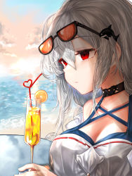 Rule 34 | 1girl, absurdres, aimpoleume, arknights, bare shoulders, beach, belt, black choker, breasts, choker, cleavage, closed mouth, commentary, crazy straw, cup, drinking glass, drinking straw, eyewear on head, food, fruit, hair between eyes, hair ornament, heart straw, highres, holding, holding cup, juice, large breasts, long hair, looking ahead, no headwear, ocean, official alternate costume, orange (fruit), orange slice, orca hair ornament, outdoors, red eyes, silver hair, skadi (arknights), skadi (waverider) (arknights), sky, solo, sunglasses, table, upper body