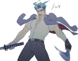 Rule 34 | 1boy, alternate pectoral size, bara, belt, blue eyes, blue fire, blue hair, brown belt, bulge, collared shirt, dual wielding, facial hair, facial scar, fiery hair, fiery horns, fire, foreshortening, forked eyebrows, highres, holding, holding sword, holding weapon, horns, jacket, jacket on shoulders, large pectorals, looking at viewer, male focus, muscular, muscular male, open mouth, partially unbuttoned, pectoral cleavage, pectorals, sakimori toji, scar, scar on cheek, scar on face, shirt, short hair, short sleeves, sideburns, solo, spread legs, standing, stubble, sword, thick eyebrows, tokyo houkago summoners, u2suke, weapon, white shirt