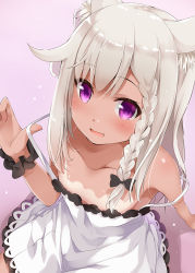 Rule 34 | 1girl, nanashi inc., animal ears, animare, braid, breasts, collarbone, commentary request, dress, hair ribbon, looking at viewer, open mouth, purple eyes, ribbon, sch, shiromiya mimi, side braid, simple background, small breasts, solo, tan, tanline, virtual youtuber