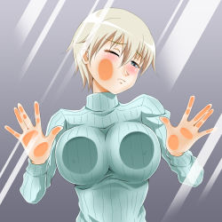 Rule 34 | 1girl, against glass, blonde hair, blue eyes, blue sweater, blush, brave witches, breasts, cheek squash, closed mouth, covered erect nipples, grey background, hiro yoshinaka, looking at viewer, nikka edvardine katajainen, no bra, one eye closed, ribbed sweater, shiny skin, short hair, simple background, solo, sweater, world witches series